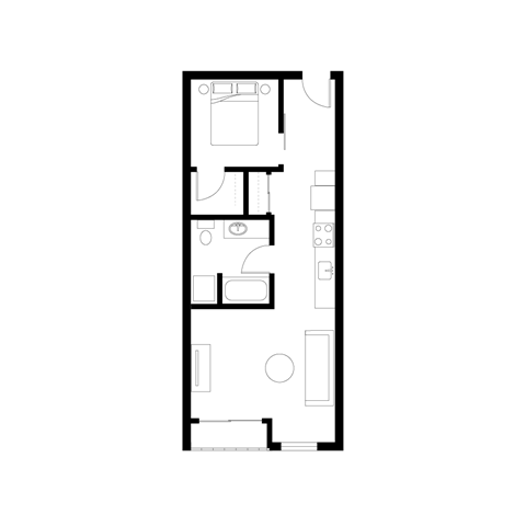 Floor plan for 1 bed, 1 bath, 619 sqft